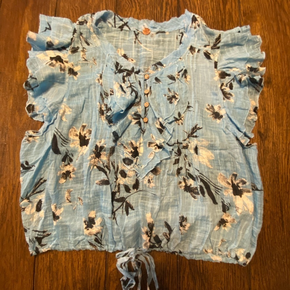 Free People Ditsy Floral Cinched Ruffle Flutter Sleeve Blouse Size Small C3